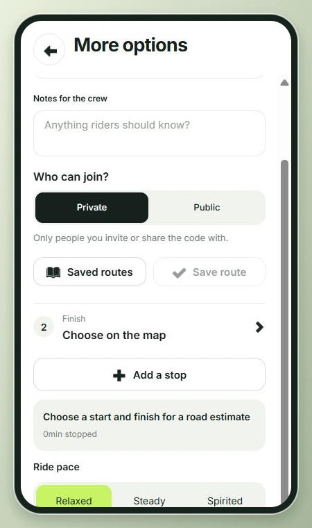 Actual VoxPair optional ride settings with private visibility, saved routes, a finish, stops and ride pace