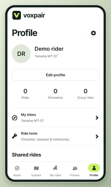 Actual VoxPair profile screen with a fictional Demo rider and Yamaha MT-07